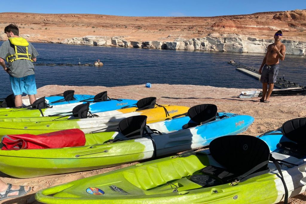 Kayaking into lower Antelope Canyon, Lake Powell, Page, Arizona.