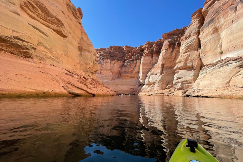 Kayaking into lower Antelope Canyon, Lake Powell, Page, Arizona.