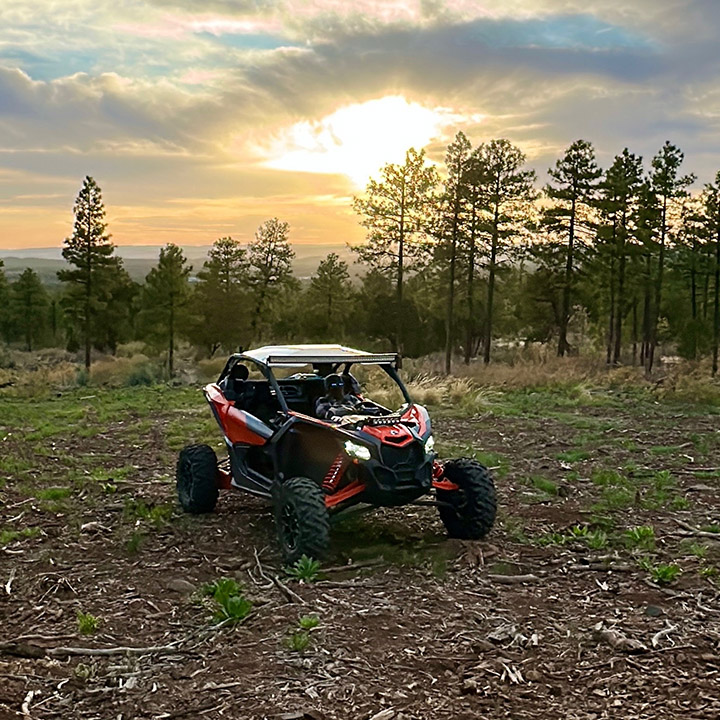 UTV parked on a mountain trail at sunset among tall pines